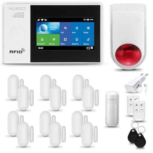 HUXGO® HXA007 Funk Alarmanlage Set WiFi + GSM 4G LTE mit Alarmsirene | Alarm System mit Bewegungsmelder, 12x Fensteralarm/Türsensoren | Alarmanlage fürs Haus, Wohnung, Wohnmobil | Smart Home von HUXGO