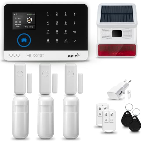 HUXGO® HXA003 Alarmanlage Haus WiFi + GSM 4G mit Funk Sirene Solar| Alarmanlage Wohnung mit App. TUYA | Alarm System mit 3X Bewegungsmelder, 3X Tür- Fenstersensor| Wohnmobil Alarmanlage von HUXGO
