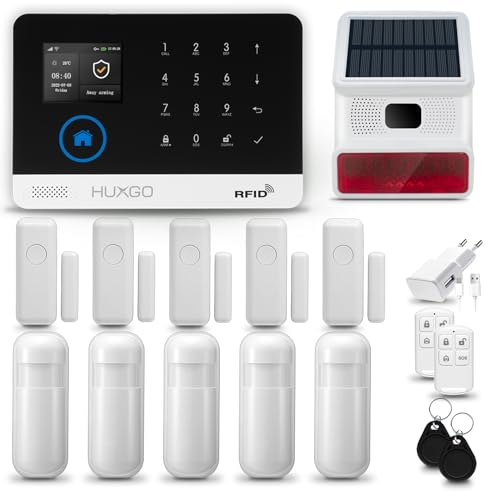 HUXGO® HXA003 Alarmanlage Haus WiFi + GSM 4G mit Solar Funk Sirene Solar | Alarmanlage Wohnung mit App. TUYA | Alarm System mit 5X Bewegungsmelder, 5X Tür- Fenstersensor| Wohnmobil Alarmanlage von HUXGO