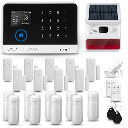 HUXGO® HXA003 Alarmanlage Haus WiFi + GSM 4G mit Funk Sirene Solar | Alarmanlage Wohnung mit App. TUYA | Alarm System mit 9X Bewegungsmelder, 9X Tür- Fenstersensor| Wohnmobil Alarmanlage von HUXGO