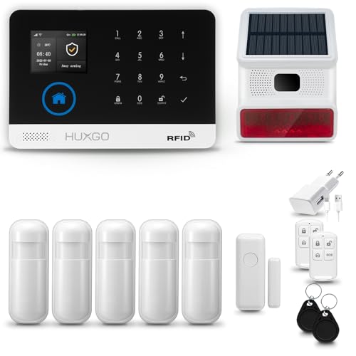 HUXGO® HXA003 Alarmanlage Haus WiFi + GSM 4G mit Funk Sirene | Tuya Smartlife App | Alarm System mit Fenstersensor, 5X Bewegungssensor | Alarmanlage Wohnung, Garage | Smart Home Security von HUXGO