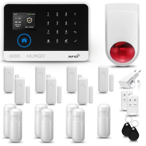 HUXGO® HXA003 Alarmanlage Haus WiFi + GSM mit Funk Sirene | Alarmanlage Wohnung mit App. TUYA | Alarm System mit 7X Bewegungsmelder, 7X Tür- Fenstersensor| Wohnmobil Alarmanlage von HUXGO