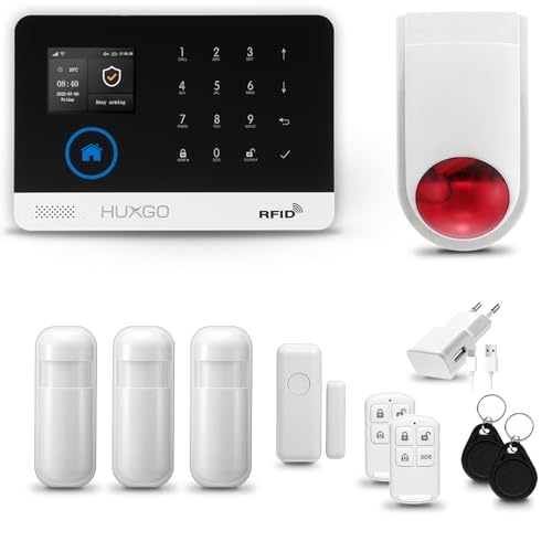 HUXGO® HXA003 Alarmanlage Haus WiFi + GSM mit Funk Sirene | Tuya Smartlife App | Alarm System mit Fenstersensor, 3X Bewegungssensor | Alarmanlage Wohnung, Garage | Smart Home Security von HUXGO