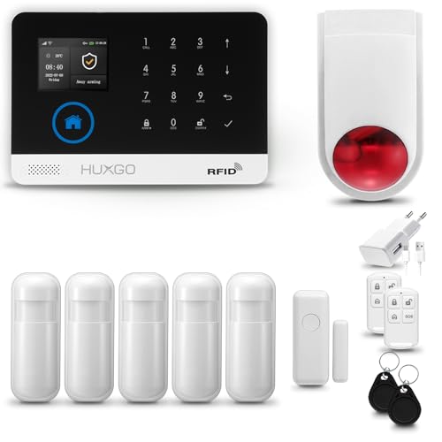 HUXGO® HXA003 Alarmanlage Haus WiFi + GSM mit Funk Sirene | Tuya Smartlife App | Alarm System mit Fenstersensor, 5X Bewegungssensor | Alarmanlage Wohnung, Garage von HUXGO