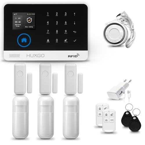HUXGO® HXA003 Alarmanlage für Haus WiFi + GSM 4G Set mit Sirene | Funk Alarmanlage Wohnung mit App. TUYA |Alarm System mit 3X Bewegungssensor, 3X Fensteralarm/Türsensoren | Smart Home von HUXGO