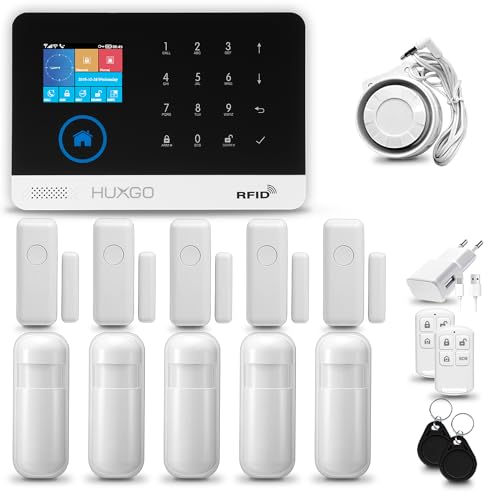 HUXGO® HXA003 Alarmanlage fürs Haus WiFi + GSM 4G LTE Set mit Sirene | Funk Alarmanlage Wohnung mit App. TUYA |Alarm System mit 5X Bewegungssensor, 5X Fensteralarm/Türsensoren | Smart Home von HUXGO