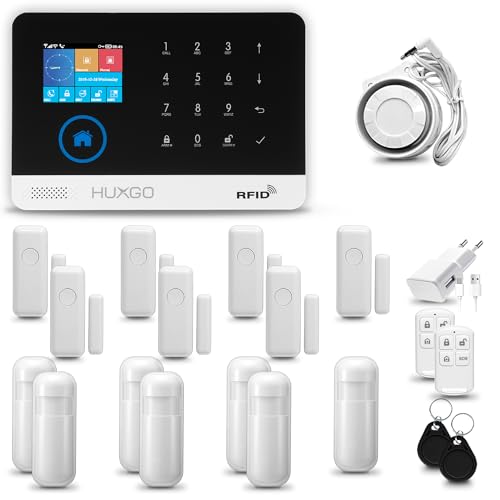 HUXGO® HXA003 Alarmanlage fürs Haus WiFi + GSM 4G LTE Set mit Sirene | Funk Alarmanlage Wohnung mit App. TUYA |Alarm System mit 7X Bewegungssensor, 7X Fensteralarm/Türsensoren | Smart Home von HUXGO