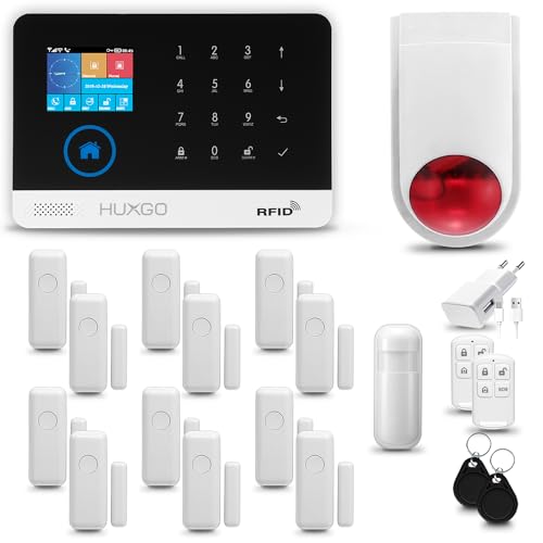 HUXGO® HXA003 Funk Alarmanlage Set WiFi + GSM 4G LTE mit Alarmsirene | Alarm System mit Bewegungsmelder, 12x Fensteralarm/Türsensoren | Alarmanlage fürs Haus, Wohnung, Wohnmobil | Smart Home von HUXGO