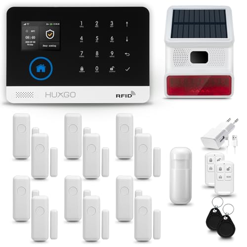 HUXGO® HXA003 Funk Alarmanlage Set WiFi + GSM 4G mit Alarmsirene Solar | Alarm System mit Bewegungsmelder, 12x Fensteralarm/Türsensoren | Alarmanlage fürs Haus, Wohnung, Wohnmobil | Smart Home von HUXGO