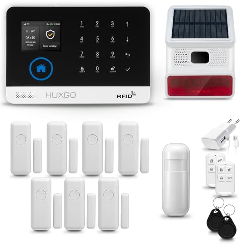 HUXGO® HXA003 Funk Alarmanlage Set WiFi + GSM 4G mit Alarmsirene Solar | Alarm System mit Bewegungsmelder, 7X Fensteralarm/Türsensoren | Alarmanlage fürs Haus, Wohnung, Wohnmobil | Smart Home von HUXGO