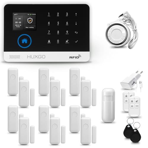 HUXGO® HXA003 Funk Alarmanlage Set WiFi + GSM 4G mit Sirene | Alarm System mit Bewegungsmelder, 12x Tür- Fenstersensor, Fernbedienung | Wohnmobil Alarmanlage | Smart Home Security von HUXGO
