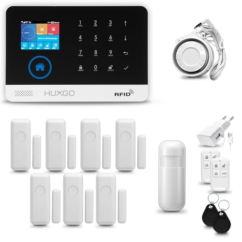 HUXGO® HXA003 Funk Alarmanlage Set WiFi + GSM 4G LTE mit Sirene | Alarm System mit Bewegungsmelder, 7X Tür- Fenstersensor, Fernbedienung | Wohnmobil Alarmanlage | Smart Home Security von HUXGO