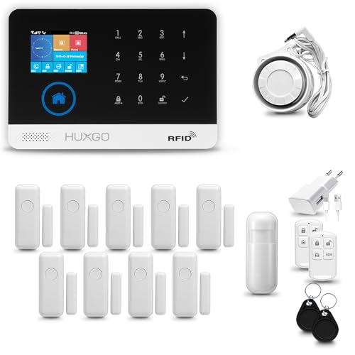 HUXGO® HXA003 Funk Alarmanlage Set WiFi + GSM 4G LTE mit Sirene | Alarm System mit Bewegungsmelder, 9X Tür- Fenstersensor, Fernbedienung | Wohnmobil Alarmanlage | Smart Home Security von HUXGO