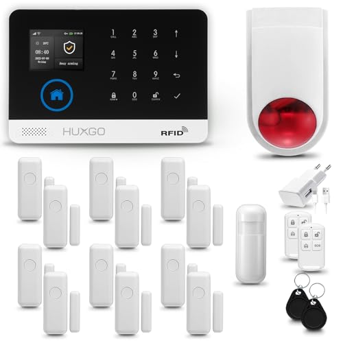 HUXGO® HXA003 Funk Alarmanlage Set WiFi + GSM mit Alarmsirene | Alarm System mit Bewegungsmelder, 12x Fensteralarm/Türsensoren | Alarmanlage fürs Haus, Wohnung, Wohnmobil | Smart Home von HUXGO