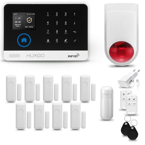 HUXGO® HXA003 Funk Alarmanlage Set WiFi + GSM mit Alarmsirene | Alarm System mit Bewegungsmelder, 9X Fensteralarm/Türsensoren | Alarmanlage fürs Haus, Wohnung, Wohnmobil | Smart Home von HUXGO