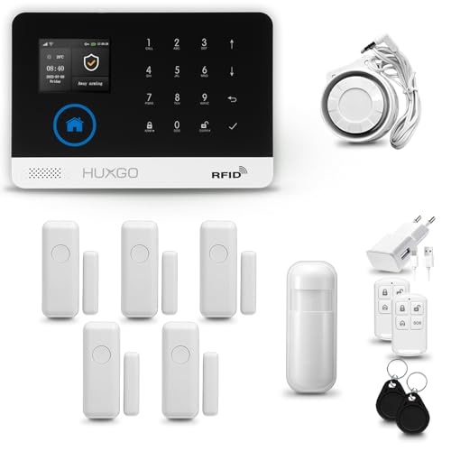 HUXGO® HXA003 Funk Alarmanlage Set WiFi + GSM mit Sirene | Alarm System mit Bewegungsmelder, 5X Tür- Fenstersensor, Fernbedienung | Wohnmobil Alarmanlage | Alexa Google Home von HUXGO