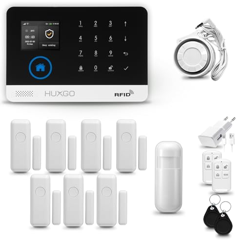 HUXGO® HXA003 Funk Alarmanlage Set WiFi + GSM mit Sirene | Alarm System mit Bewegungsmelder, 7X Tür- Fenstersensor, Fernbedienung | Wohnmobil Alarmanlage | Smart Home Security von HUXGO