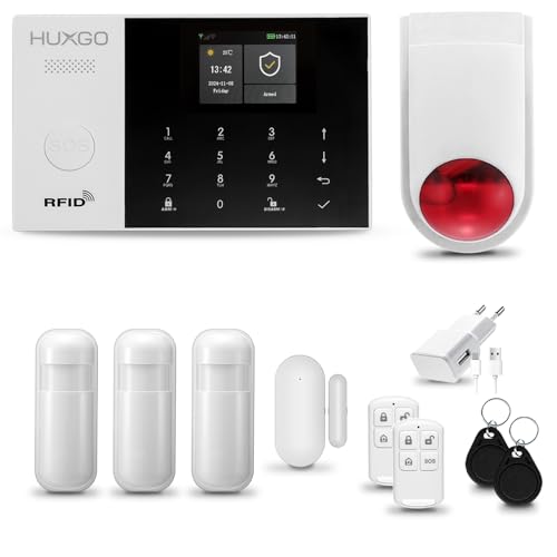 HUXGO® HXA005 Alarmanlage Haus WiFi + GSM 4G mit Funk Sirene | Tuya Smartlife App | Alarm System mit Fenstersensor, 3X Bewegungssensor | Alarmanlage Wohnung, Garage | Smart Home Security von HUXGO