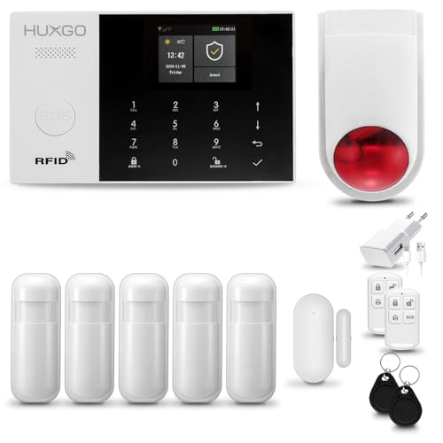 HUXGO® HXA005 Alarmanlage Haus WiFi + GSM 4G mit Funk Sirene | Tuya Smartlife App | Alarm System mit Fenstersensor, 5X Bewegungssensor | Alarmanlage Wohnung, Garage von HUXGO