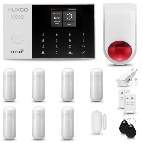 HUXGO® HXA005 Alarmanlage Haus WiFi + GSM mit Funk Sirene | Tuya Smartlife App | Alarm System mit Fenstersensor, 7X Bewegungssensor | Alarmanlage Wohnung, Garage | Smart Home Security von HUXGO