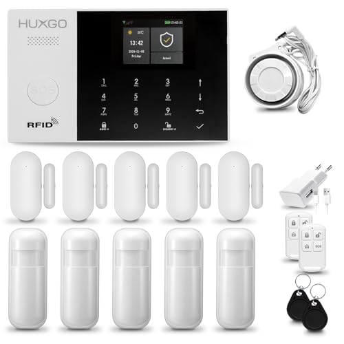 HUXGO® HXA005 Alarmanlage fürs Haus WiFi + GSM Set mit Sirene | Funk Alarmanlage Wohnung mit App. TUYA |Alarm System mit 5X Bewegungssensor, 5X Fensteralarm/Türsensoren | Smart Home von HUXGO