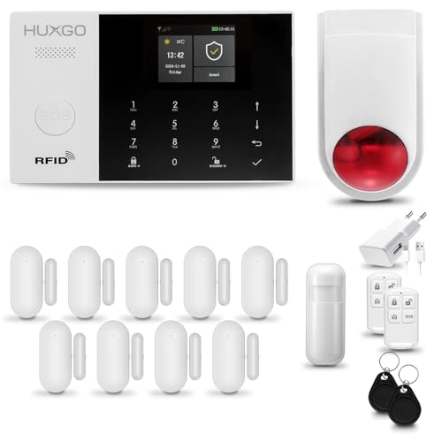 HUXGO® HXA005 Funk Alarmanlage Set WiFi + GSM 4G mit Alarmsirene | Alarm System mit Bewegungsmelder, 9X Fensteralarm/Türsensoren | Alarmanlage fürs Haus, Wohnung, Wohnmobil | Smart Home von HUXGO
