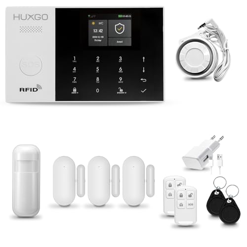 HUXGO® HXA005 Funk Alarmanlage Set WiFi + GSM 4G mit Sirene | Alarm System mit Bewegungsmelder, 3X Tür- Fenstersensor, Fernbedienung | Wohnmobil Alarmanlage | Alexa Google Home von HUXGO