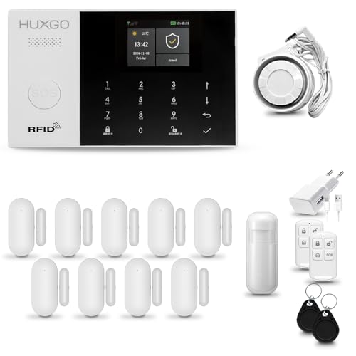 HUXGO® HXA005 Funk Alarmanlage Set WiFi + GSM 4G mit Sirene | Alarm System mit Bewegungsmelder, 9X Tür- Fenstersensor, Fernbedienung | Wohnmobil Alarmanlage | Smart Home Security von HUXGO