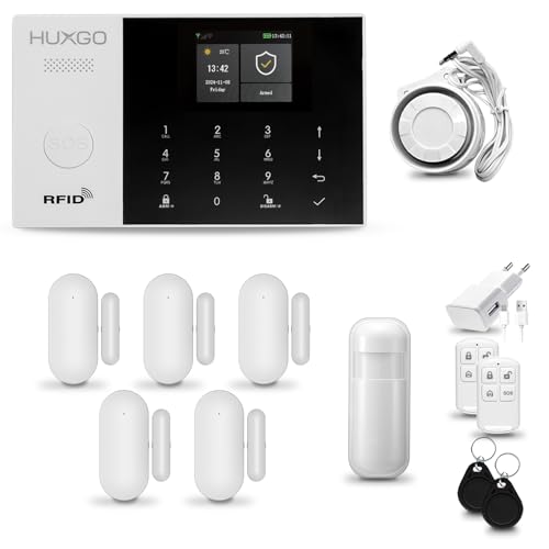 HUXGO® HXA005 Funk Alarmanlage Set WiFi + GSM mit Sirene | Alarm System mit Bewegungsmelder, 5X Tür- Fenstersensor, Fernbedienung | Wohnmobil Alarmanlage | Smart Home von HUXGO