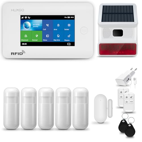 HUXGO® HXA006 Alarmanlage Haus WiFi + GSM 4G mit Solar-Funksirene | Tuya Smartlife App | Alarm System mit Fenstersensor, 5X Bewegungssensor | Alarmanlage Wohnung, Garage | Smart Home Security von HUXGO