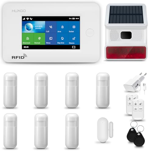 HUXGO® HXA006 Alarmanlage Haus WiFi + GSM 4G mit Solar-Funksirene | Tuya Smartlife App | Alarm System mit Fenstersensor, 7X Bewegungssensor | Alarmanlage Wohnung, Garage | Smart Home Security von HUXGO