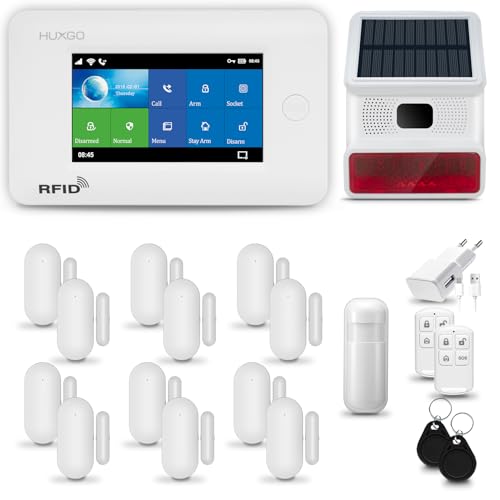 HUXGO® HXA006 Funk Alarmanlage Set WiFi + GSM 4G mit Solar-Alarmsirene | Alarm System mit Bewegungsmelder, 12x Fensteralarm/Türsensoren | Alarmanlage fürs Haus, Wohnung, Wohnmobil | Smart Home von HUXGO