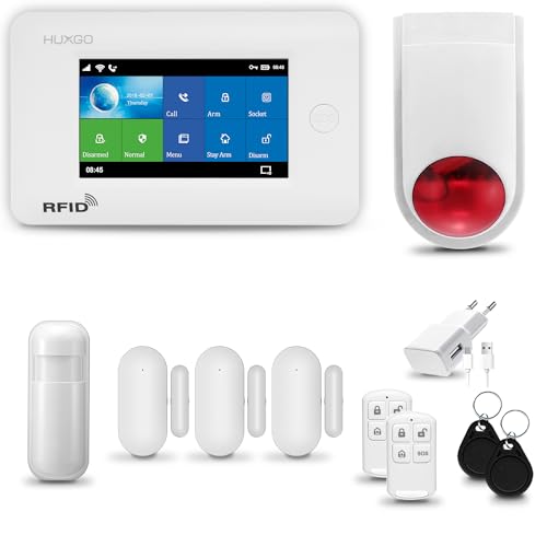 HUXGO® HXA006 Funk Alarmanlage Set WiFi + GSM 4G LTE mit Alarmsirene | Alarm System mit Bewegungsmelder, 3X Fensteralarm/Türsensoren | Alarmanlage fürs Haus, Wohnung, Wohnmobil | Smart Home von HUXGO