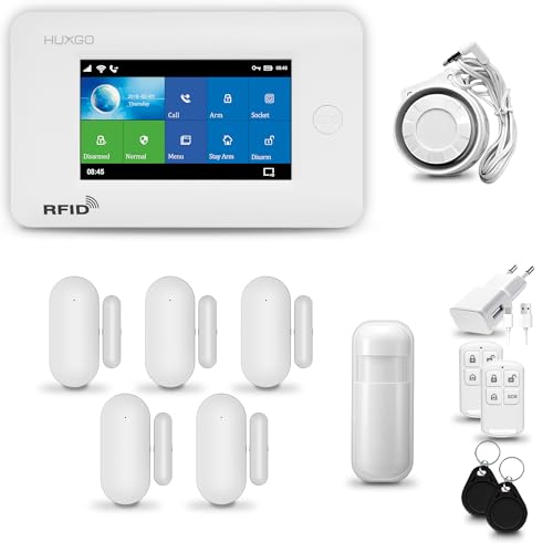 HUXGO® HXA006 Funk Alarmanlage Set WiFi + GSM 4G mit Sirene | Alarm System mit Bewegungsmelder, 5X Tür- Fenstersensor, Fernbedienung | Wohnmobil Alarmanlage | Smart Home Security von HUXGO