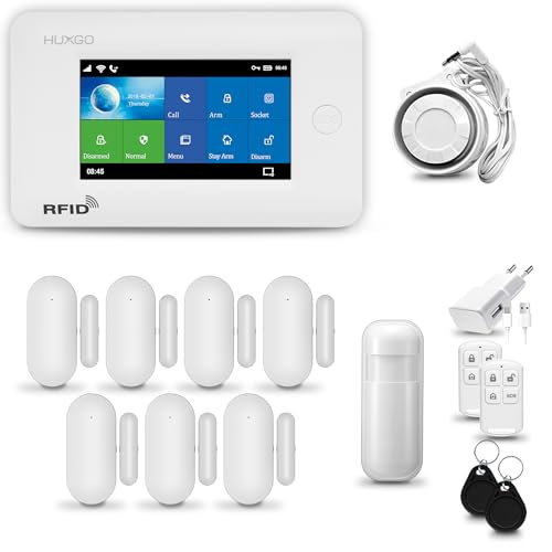 HUXGO® HXA006 Funk Alarmanlage Set WiFi + GSM 4G mit Sirene | Alarm System mit Bewegungsmelder, 7X Tür- Fenstersensor, Fernbedienung | Wohnmobil Alarmanlage | Smart Home Security von HUXGO