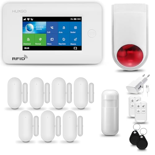 HUXGO® HXA006 Funk Alarmanlage Set WiFi + GSM mit Alarmsirene | Alarm System mit Bewegungsmelder, 7X Fensteralarm/Türsensoren | Alarmanlage fürs Haus, Wohnung, Wohnmobil | Smart Home von HUXGO
