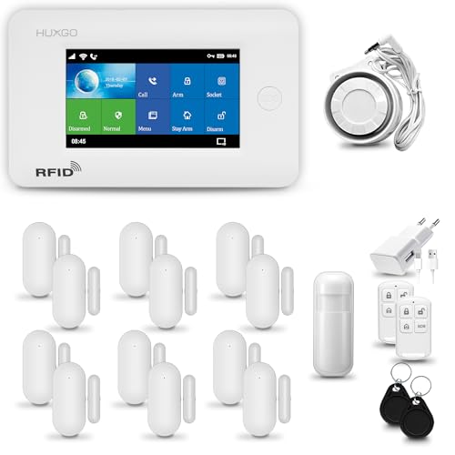 HUXGO® HXA006 Funk Alarmanlage Set WiFi + GSM mit Sirene | Alarm System mit Bewegungsmelder, 12x Tür- Fenstersensor, Fernbedienung | Wohnmobil Alarmanlage | Smart Home von HUXGO