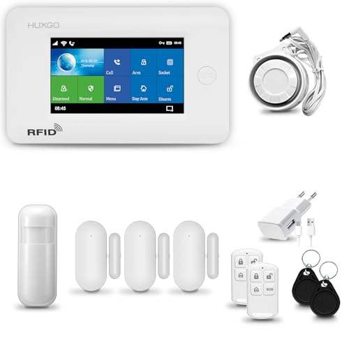 HUXGO® HXA006 Funk Alarmanlage Set WiFi + GSM mit Sirene | Alarm System mit Bewegungsmelder, 3X Tür- Fenstersensor, Fernbedienung | Wohnmobil Alarmanlage von HUXGO