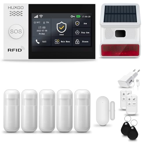 HUXGO® HXA007 Alarmanlage Haus WiFi + GSM 4G mit Solar Funk Sirene | Tuya Smartlife App | Alarm System mit Fenstersensor, 5X Bewegungssensor | Alarmanlage Wohnung, Garage | Smart Home Security von HUXGO