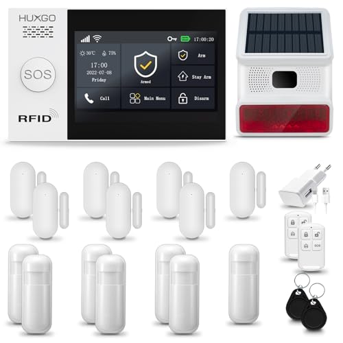 HUXGO® HXA007 Alarmanlage Haus WiFi + GSM 4G mit Solar Funk Sirene | Alarmanlage Wohnung mit App. TUYA | Alarm System mit 7X Bewegungsmelder, 7X Tür- Fenstersensor| Wohnmobil Alarmanlage von HUXGO