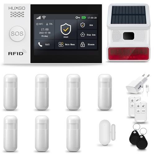 HUXGO® HXA007 Alarmanlage Haus WiFi + GSM 4G mit Solar Funk Sirene | Tuya Smartlife App | Alarm System mit Fenstersensor, 7X Bewegungssensor | Alarmanlage Wohnung, Garage | Smart Home Security von HUXGO