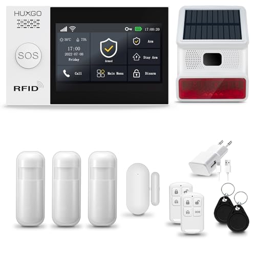 HUXGO® HXA007 Alarmanlage Haus WiFi + GSM 4G mit Solar Funk Sirene | Tuya Smartlife App | Alarm System mit Fenstersensor, 3X Bewegungssensor | Alarmanlage Wohnung, Garage | Smart Home Security von HUXGO
