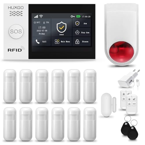 HUXGO® HXA007 Alarmanlage Haus WiFi + GSM mit Funk Sirene | Alarm System mit Fenstersensor, 12x Bewegungssensoren | Alarmanlage Wohnung, Garage | Smart Home Security TUYA von HUXGO