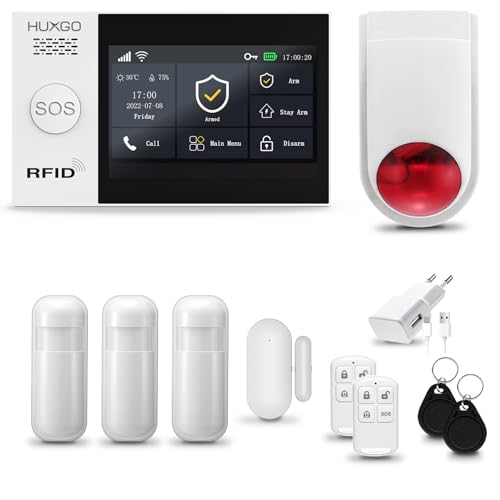 HUXGO® HXA007 Alarmanlage Haus WiFi + GSM mit Funk Sirene | Tuya Smartlife App | Alarm System mit Fenstersensor, 3X Bewegungssensor | Alarmanlage Wohnung, Garage | Smart Home Security von HUXGO