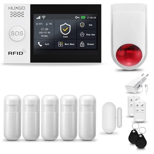 HUXGO® HXA007 Alarmanlage Haus WiFi + GSM mit Funk Sirene | Tuya Smartlife App | Alarm System mit Fenstersensor, 5X Bewegungssensor | Alarmanlage Wohnung, Garage | Smart Home von HUXGO