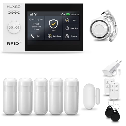 HUXGO® HXA007 Alarmanlage Haus WiFi + GSM mit Sirene | Tuya Smartlife App | Alarm System mit Drahtloser Fenstersensor, 5X Bewegungsmelder | Alarmanlage für Wohnung, Garage von HUXGO