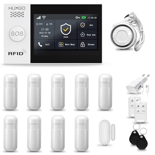 HUXGO® HXA007 Alarmanlage Haus WiFi + GSM mit Sirene | Tuya Smartlife App | Alarm System mit Drahtloser Fenstersensor, 9X Bewegungsmelder | Alarmanlage für Wohnung, Garage von HUXGO