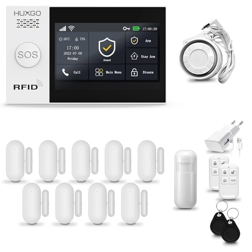 HUXGO® HXA007 Funk Alarmanlage Set WiFi + GSM 4G mit Sirene | Alarm System mit Bewegungsmelder, 9X Tür- Fenstersensor, Fernbedienung | Wohnmobil Alarmanlage | Smart Home Security von HUXGO
