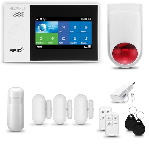 HUXGO® HXA007 Funk Alarmanlage Set WiFi + GSM mit Alarmsirene | Alarm System mit Bewegungsmelder, 3X Fensteralarm/Türsensoren | Alarmanlage fürs Haus, Wohnung, Wohnmobil | Smart Home von HUXGO
