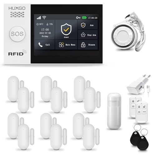 HUXGO® HXA007 Funk Alarmanlage Set WiFi + GSM mit Sirene | Alarm System mit Bewegungsmelder, 12x Tür- Fenstersensor, Fernbedienung | Wohnmobil Alarmanlage | Smart Home Security von HUXGO